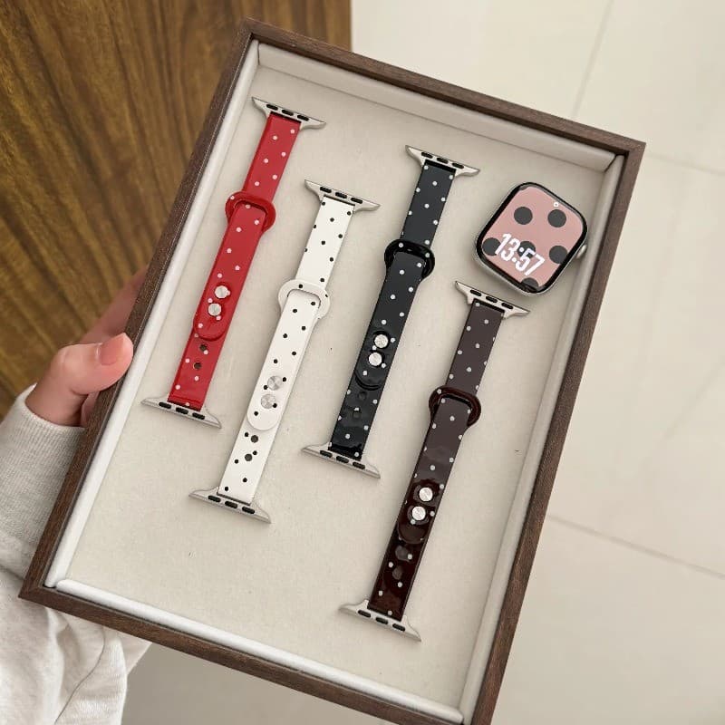 Polka Dot สายหนังสําหรับ Apple Watch 42/46/44/45/40/41/38/49 มม. เอวเล็ก รองรับ iWatch Series 11/10/9/8/7/SE/6/5/4/3/Ultra3/2 รูปที่ 2