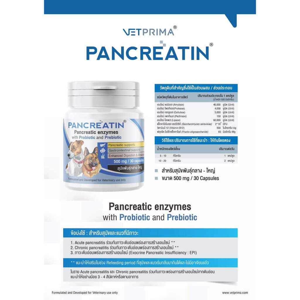 Pancreatin ผลิตภัณฑ์เอ็นไซม์เสริมอาหาร สำหรับสุนัขและแมวที่มีภาวะตับอ่อนอักเสบ 30 แคปซูล รูปที่ 6