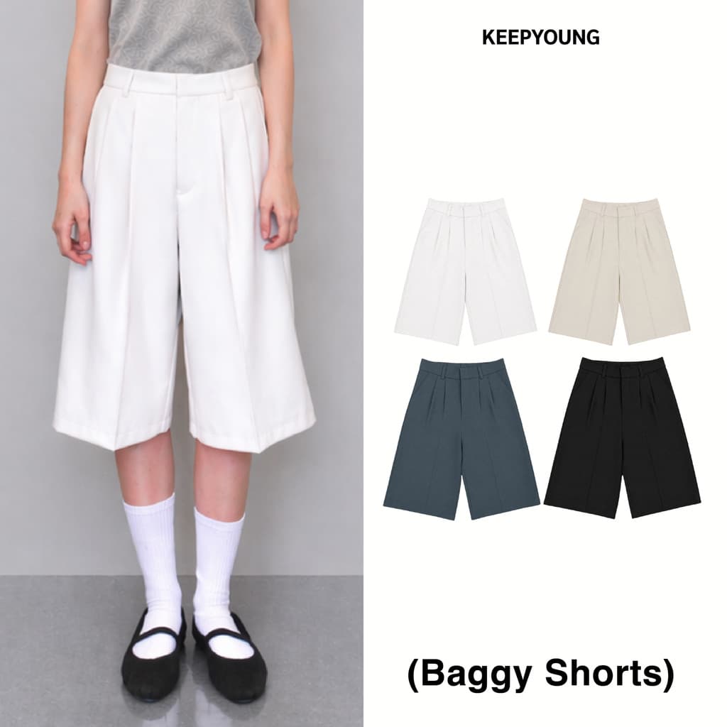 KEEPYOUNG กางเกงขาสั้น 24 นิ้ว เอวสูง 2 จีบหน้า เก็บทรงสวย ผ้าหนา รุ่น BAGGY SHORTS รูปที่ 1