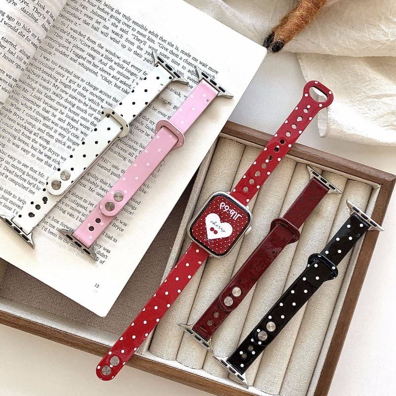 Polka Dot สายหนังสําหรับ Apple Watch 42/46/44/45/40/41/38/49 มม. เอวเล็ก รองรับ iWatch Series 11/10/9/8/7/SE/6/5/4/3/Ultra3/2 รูปที่ 1