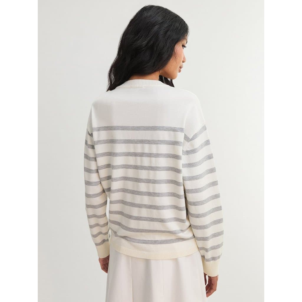 เสื้อไหมพรมลายทางติดกระดุมที่ไหล่ / Striped Button Shoulder Knit Top รูปที่ 5