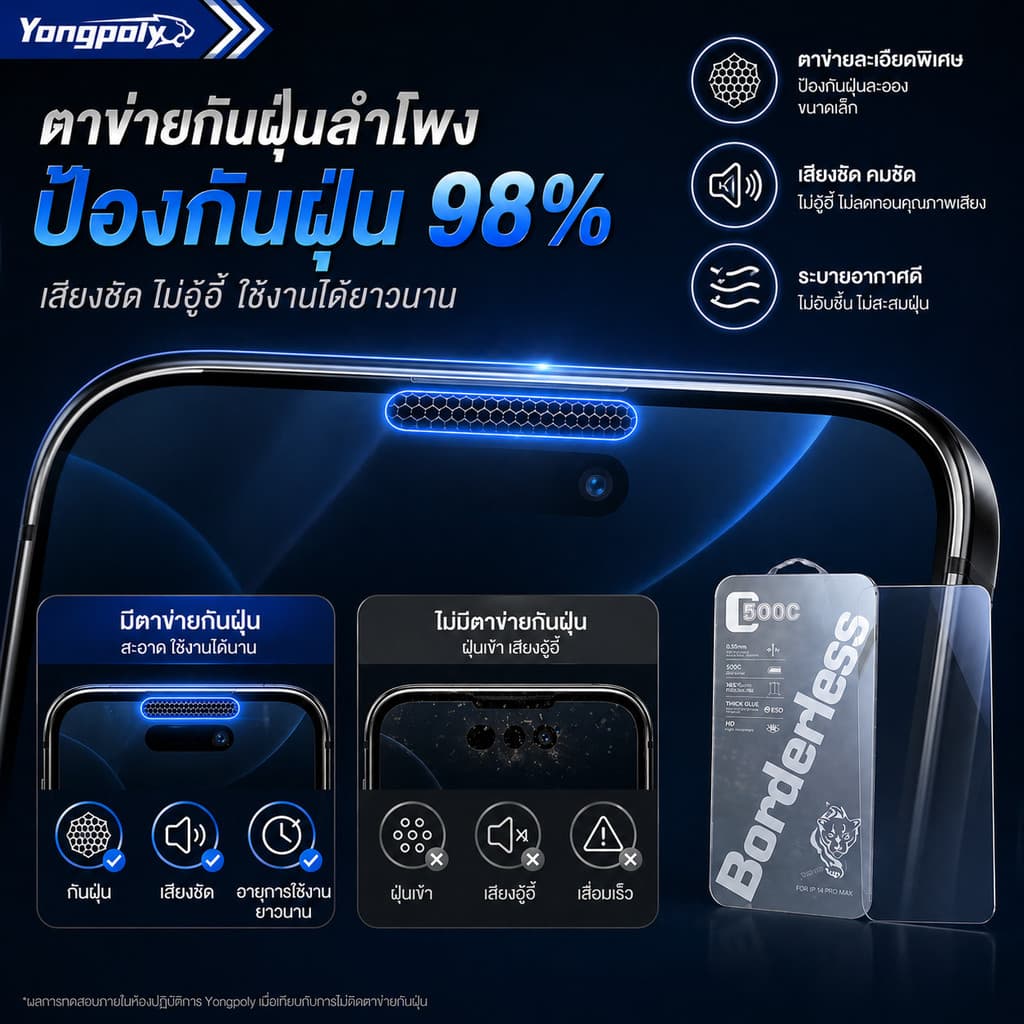 ฟิล์มกระจก 500C เต็มจอ ไร้ขอบ HD ใส กันกระแทก ไม่ดันเคส กันฝุ่นลำโพงสำหรับ IPHONE XR 11 12 13PROMAX 14PRO 15 16PROMAX 17 รูปที่ 9