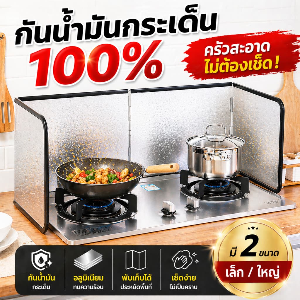 SKY ฉากกั้นน้ำมัน กันน้ำมันกระเด็น 100% แผ่นกั้นเตา พับได้ อลูมิเนียม เช็ดง่าย มี 2 ขนาด Oil Splash Guard รูปที่ 1