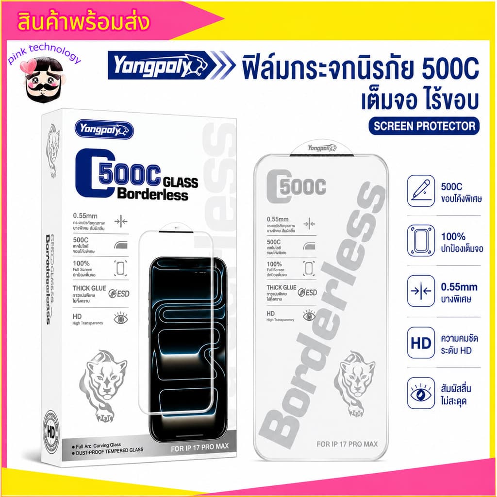 ฟิล์มกระจก 500C เต็มจอ ไร้ขอบ HD ใส กันกระแทก ไม่ดันเคส กันฝุ่นลำโพงสำหรับ IPHONE XR 11 12 13PROMAX 14PRO 15 16PROMAX 17 รูปที่ 1