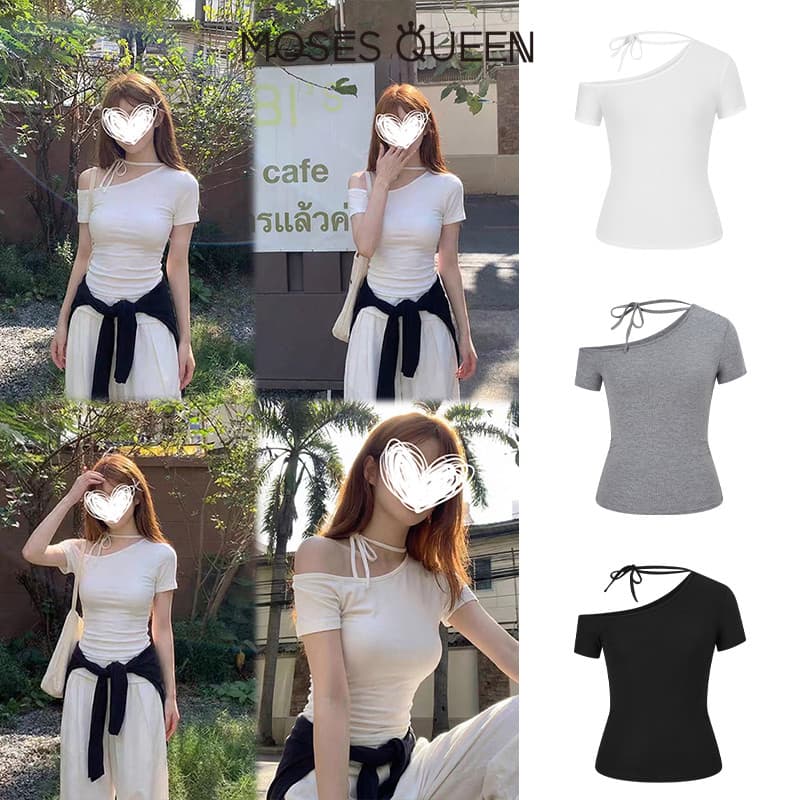 MOSESQUEEN เสื้อยืดแขนสั้นสายเดี่ยว คอวี สไตล์หวานและเผ็ดสำหรับผู้หญิง เข้ารูปและเซ็กซี่ #63639 รูปที่ 6