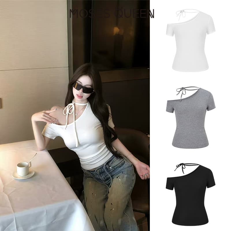 MOSESQUEEN เสื้อยืดแขนสั้นสายเดี่ยว คอวี สไตล์หวานและเผ็ดสำหรับผู้หญิง เข้ารูปและเซ็กซี่ #63639 รูปที่ 4