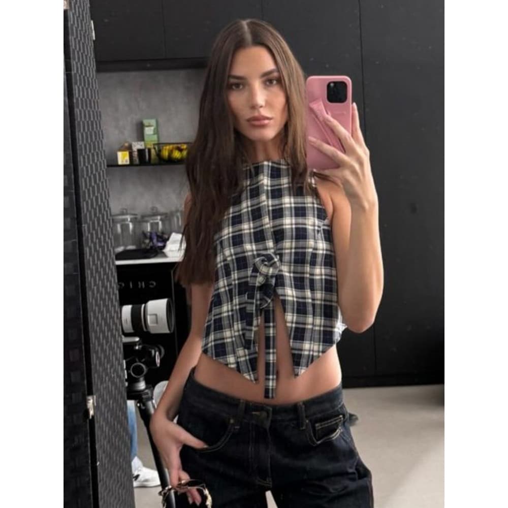 Vogue เสื้อกั๊กลายสก็อต แขนกุดเปิดหลัง สำหรับฤดูร้อน ดีไซน์สุดเซ็กซี่ รูปที่ 8
