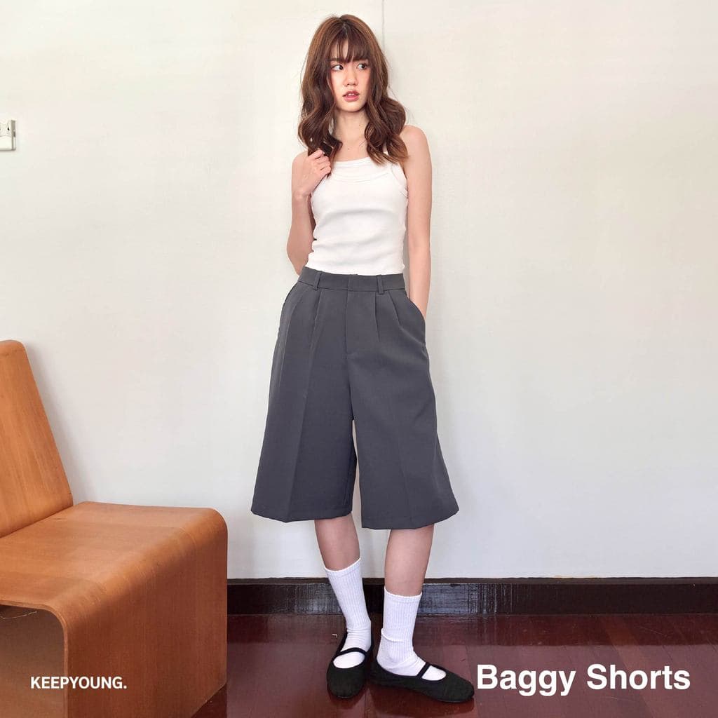 KEEPYOUNG กางเกงขาสั้น 24 นิ้ว เอวสูง 2 จีบหน้า เก็บทรงสวย ผ้าหนา รุ่น BAGGY SHORTS รูปที่ 5