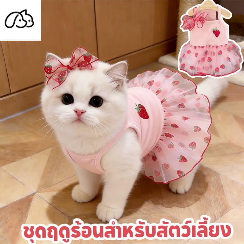 เสื้อแมวสตรอเบอร์รี่ ชุดแมวน่ารัก เสื้อหมาเล็กเล็ก ระบายอากาศและสะดวกสบาย โบว์ถอดได้ แฟชั่น S/M/L รูปที่ 1