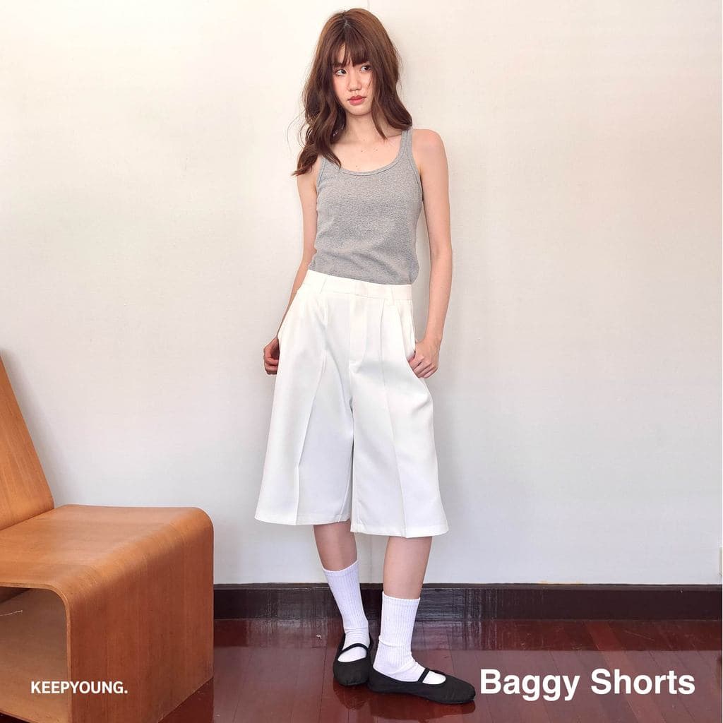 KEEPYOUNG กางเกงขาสั้น 24 นิ้ว เอวสูง 2 จีบหน้า เก็บทรงสวย ผ้าหนา รุ่น BAGGY SHORTS รูปที่ 6