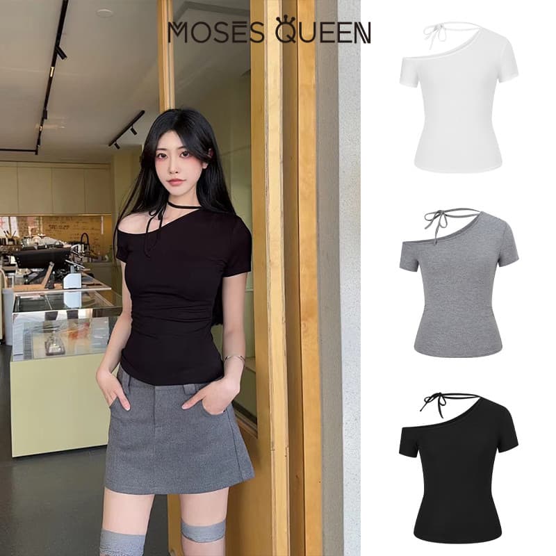 MOSESQUEEN เสื้อยืดแขนสั้นสายเดี่ยว คอวี สไตล์หวานและเผ็ดสำหรับผู้หญิง เข้ารูปและเซ็กซี่ #63639 รูปที่ 1