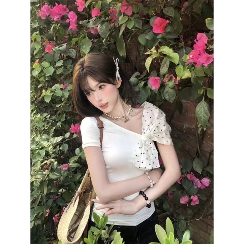 Lalita 2สี เสื้อยืดผู้หญิง ลายจุด ปาดไหล่ ไหล่เฉียง สไตล์เกาหลี รูปที่ 7