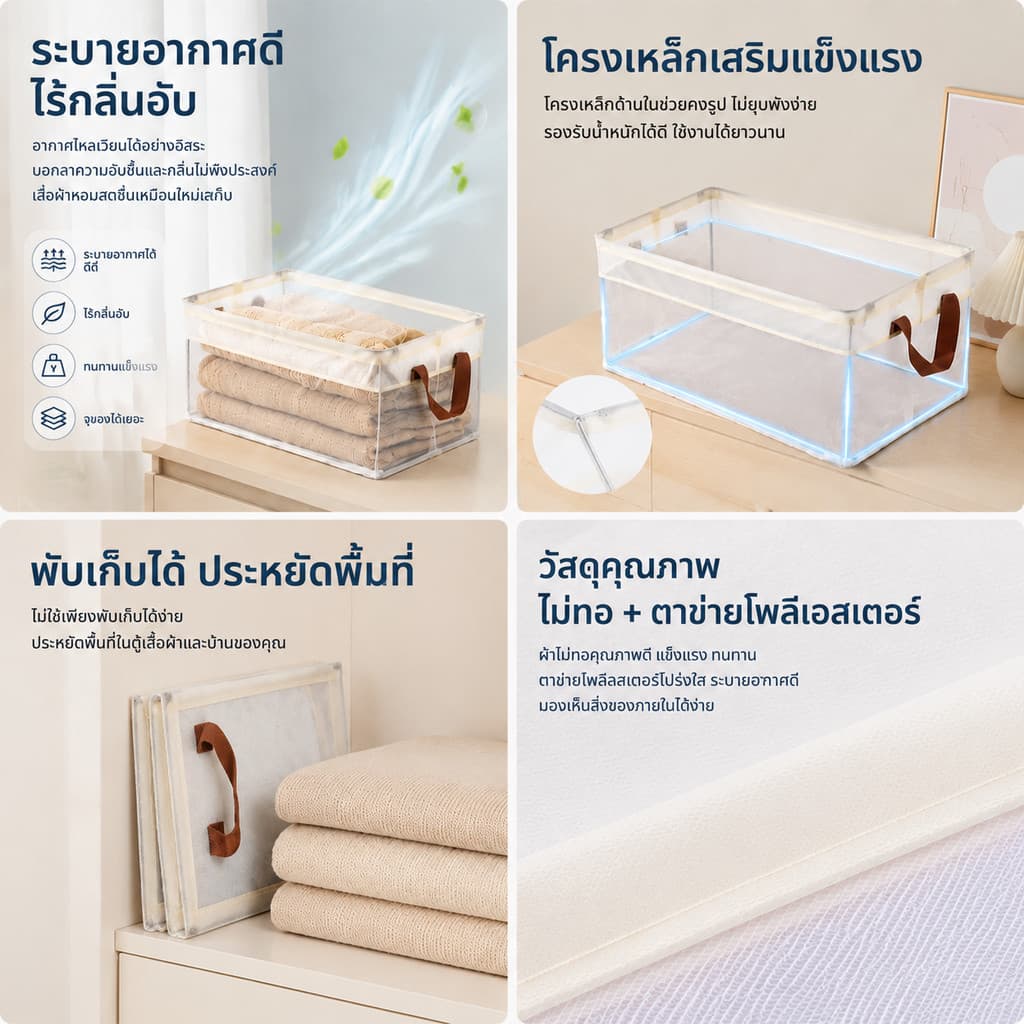 5PCS กล่องเก็บของ กล่องเก็บเสื้อผ้า กล่องเก็บของโปร่งใส กล่องจัดเก็บเสื้อผ้าความจุใหญ่โครงเหล็กหนา ตะกร้าจัดเก็บพับได้ รูปที่ 2