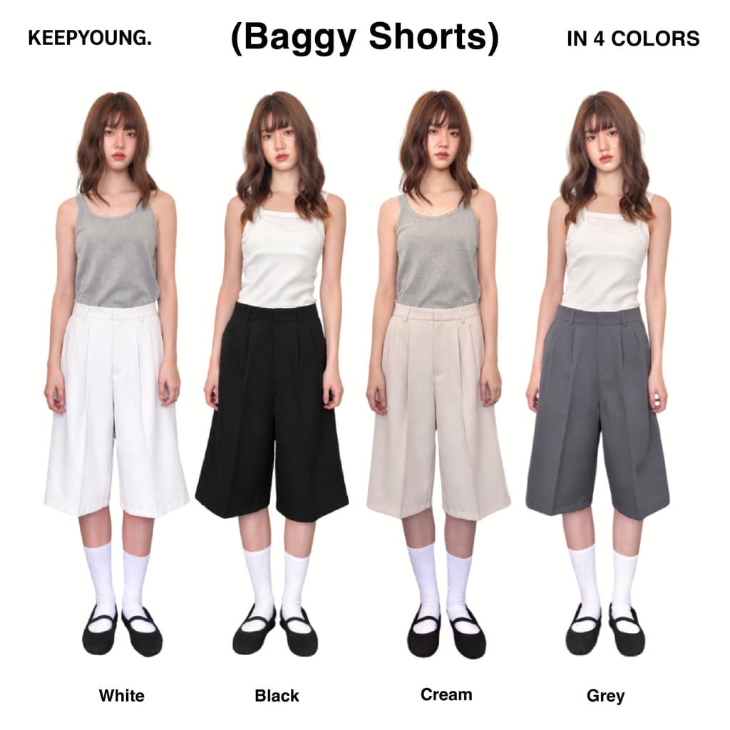 KEEPYOUNG กางเกงขาสั้น 24 นิ้ว เอวสูง 2 จีบหน้า เก็บทรงสวย ผ้าหนา รุ่น BAGGY SHORTS รูปที่ 2