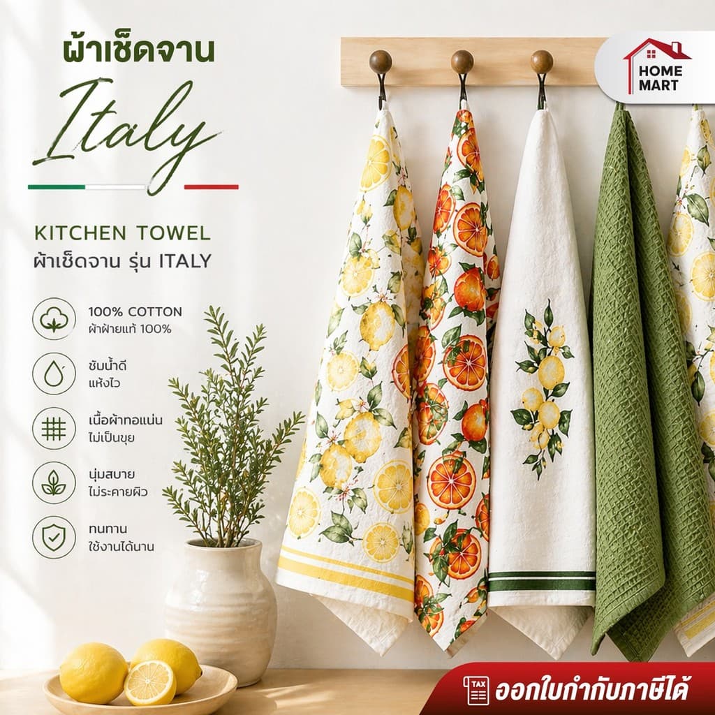 homemart ผ้าเช็ดจานไมโครไฟเบอร์ รุ่น Italy ลายเลมอน | ซับน้ำไว แห้งเร็ว ไม่เป็นขุย Kitchen Towel Italy series รูปที่ 1