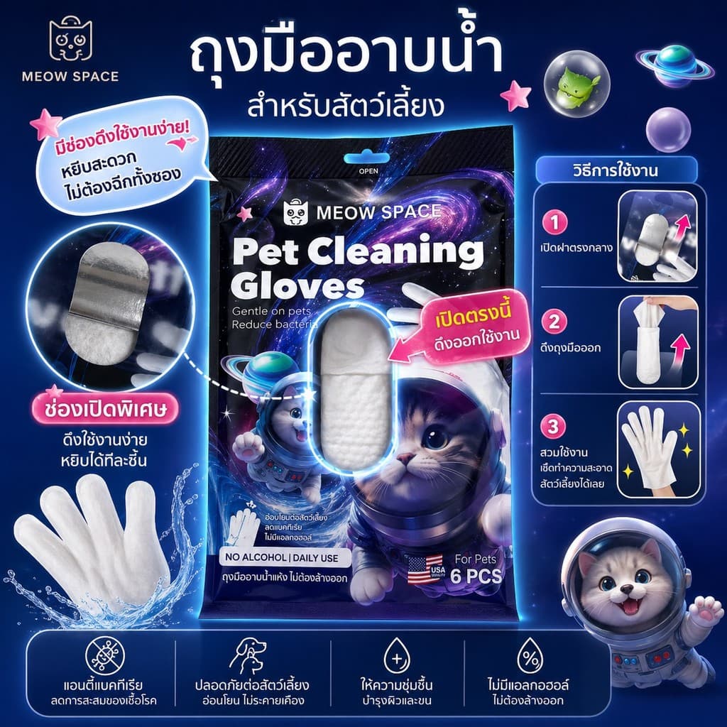 MEOW SPACE ถุงมืออาบน้ำแห้งสัตว์เลี้ยง 6 แผ่น ถุงมืออาบน้ำแห้ง มีกลิ่นหอม เช็ดทำความสะอาดตัวสัตว์เลี้ยง รูปที่ 4