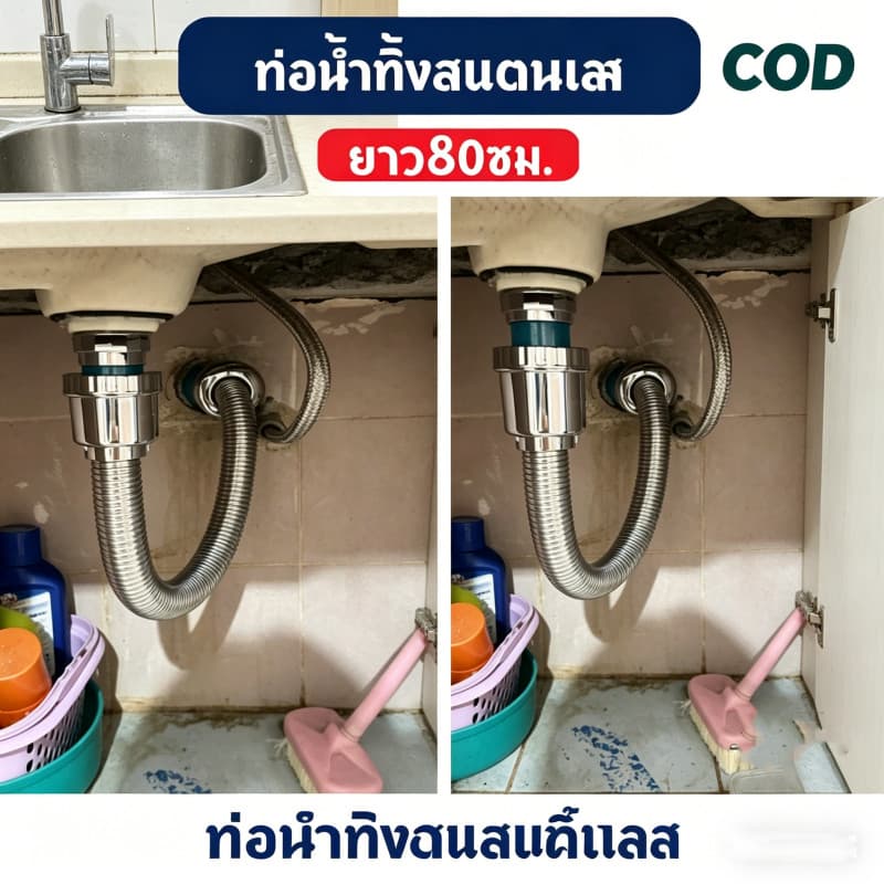 ท่อน้ำทิ้งสแตนเลส ยาว80ซม. กันกลิ่น กันหนูกัด ใช้อ่างล้างจาน อ่างล้างหน้า ติดตั้งสะดวก รูปที่ 1