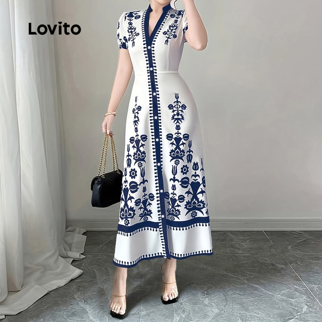 Lovito สง่างาม เดรสผู้หญิงสไตล์รีสอร์ทฤดูร้อนสีฟ้าขาว LK4LD325 รูปที่ 2