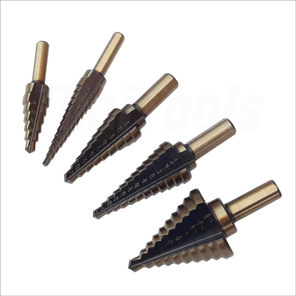 STEP DRILL SET 5 ดอกสว่านเจาะขยายรู ดอกสว่านทรงเจดีย์ ดอกเจาะคว้านรู ชุบไทเทเนียม อย่างดี 5 ขิ้น ล็อตสุดท้าย รูปที่ 2