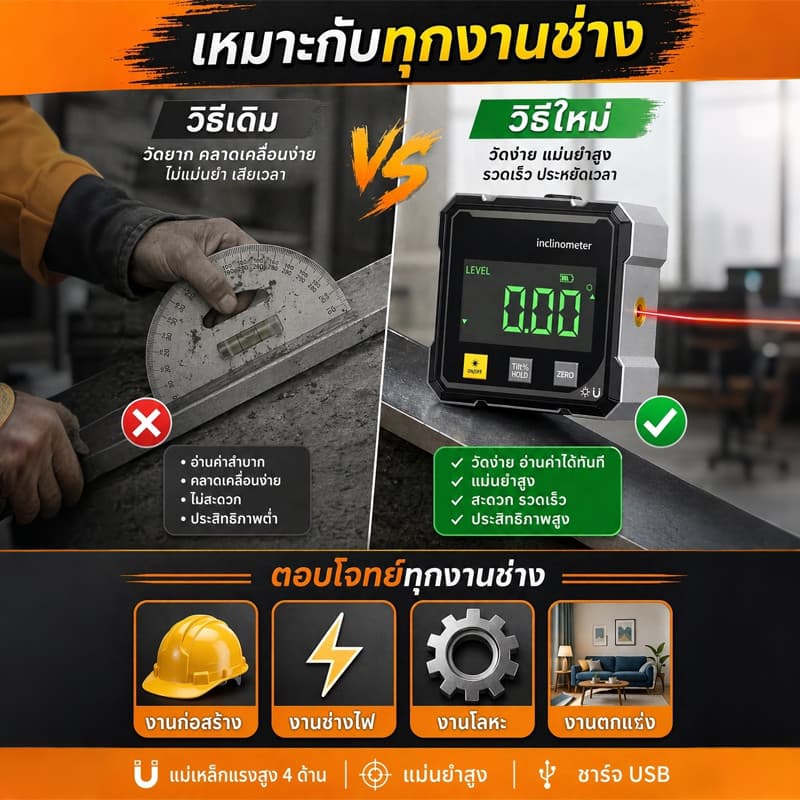 COD เครื่องมือวัดมุม แม่เหล็ก 4 ด้าน เลเซอร์สองด้าน ชาร์จ USB เครื่องมือตกแต่ง เครื่องวัดมุมเลเซอร์ รูปที่ 5
