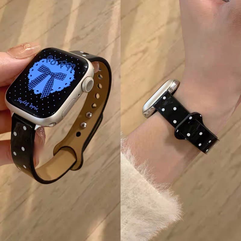 Polka Dot สายหนังสําหรับ Apple Watch 42/46/44/45/40/41/38/49 มม. เอวเล็ก รองรับ iWatch Series 11/10/9/8/7/SE/6/5/4/3/Ultra3/2 รูปที่ 6