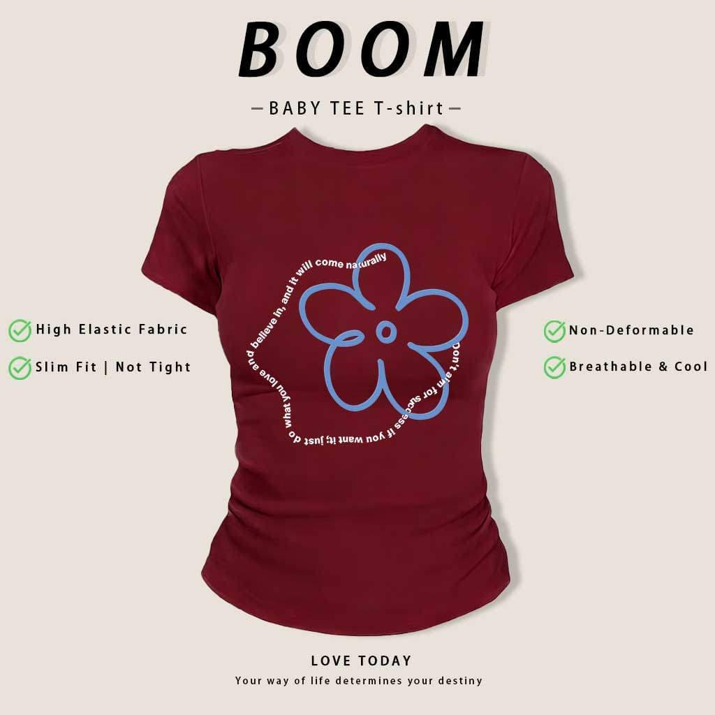 COD 24h ส่ง เสื้อยืดสาวอวบ Baby Tee Y2K ลายดอกไม้ ทรงเข้ารูป ผ้ายืดนุ่ม ระบายอากาศดี ไม่ย้วย รูปที่ 5