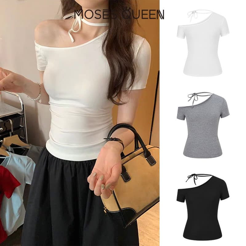 MOSESQUEEN เสื้อยืดแขนสั้นสายเดี่ยว คอวี สไตล์หวานและเผ็ดสำหรับผู้หญิง เข้ารูปและเซ็กซี่ #63639 รูปที่ 2