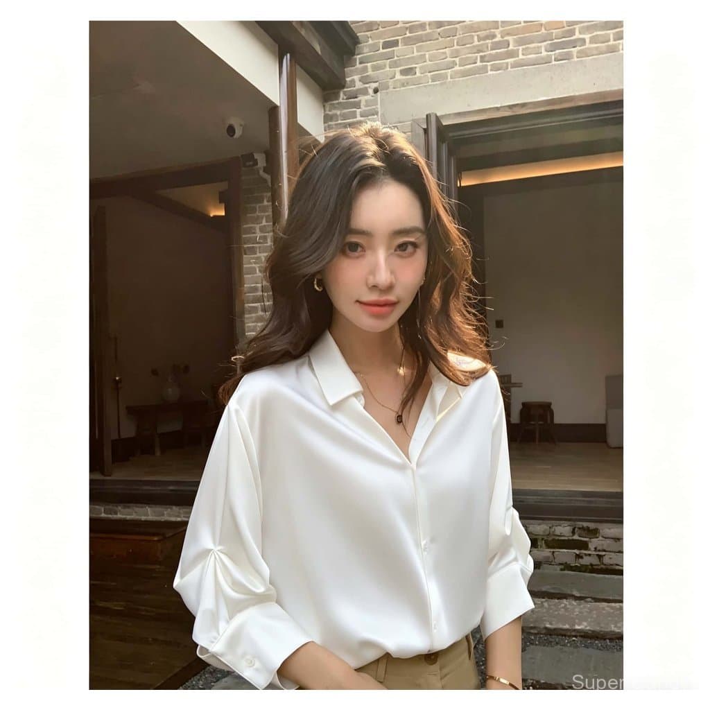 SuperCandyเสื้อเชิ้ตผ้าซาตินสไตล์ฝรั่งเศส ผู้หญิง แขนยาว7ส่วน ดีไซน์เก๋ไม่เหมือนใคร ใส่ช่วงฤดูร้อนสวยมาก รูปที่ 2