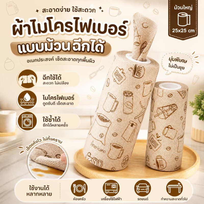 ผ้าไมโครไฟเบอร์ แบบม้วน ฉีกได้ 25x25cm ผ้าทำความสะอาดแบบม้วน เช็ดครัวเช็ดบ้าน อเนกประสงค์ รูปที่ 8