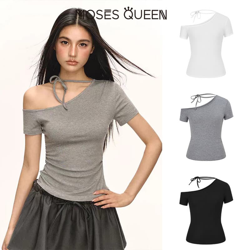 MOSESQUEEN เสื้อยืดแขนสั้นสายเดี่ยว คอวี สไตล์หวานและเผ็ดสำหรับผู้หญิง เข้ารูปและเซ็กซี่ #63639 รูปที่ 3