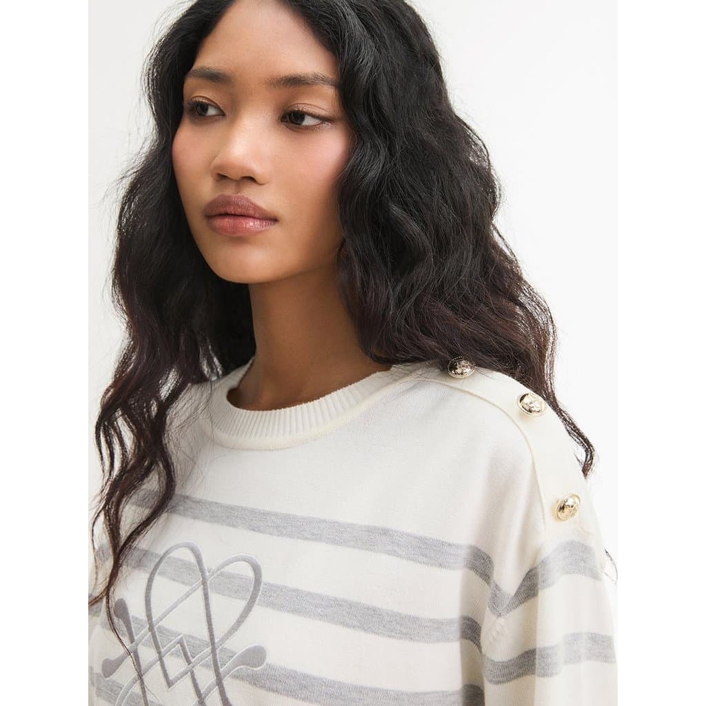 เสื้อไหมพรมลายทางติดกระดุมที่ไหล่ / Striped Button Shoulder Knit Top รูปที่ 3