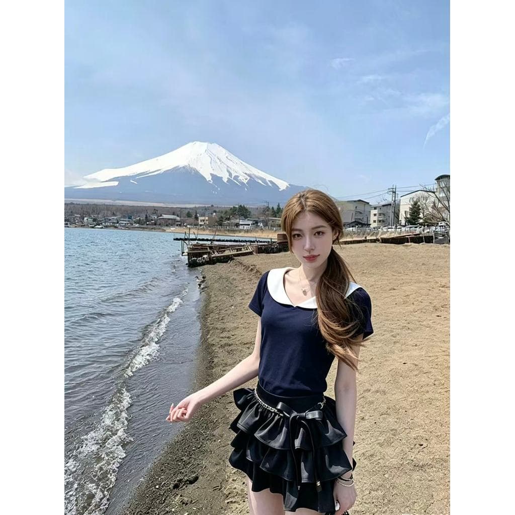 Lalita เสื้อยืดคอปก คอวี แขนสั้น ผู้หญิง น่ารักสไตล์เกาหลี ใส่สบาย 2สี รูปที่ 5