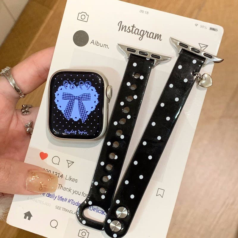 Polka Dot สายหนังสําหรับ Apple Watch 42/46/44/45/40/41/38/49 มม. เอวเล็ก รองรับ iWatch Series 11/10/9/8/7/SE/6/5/4/3/Ultra3/2 รูปที่ 5