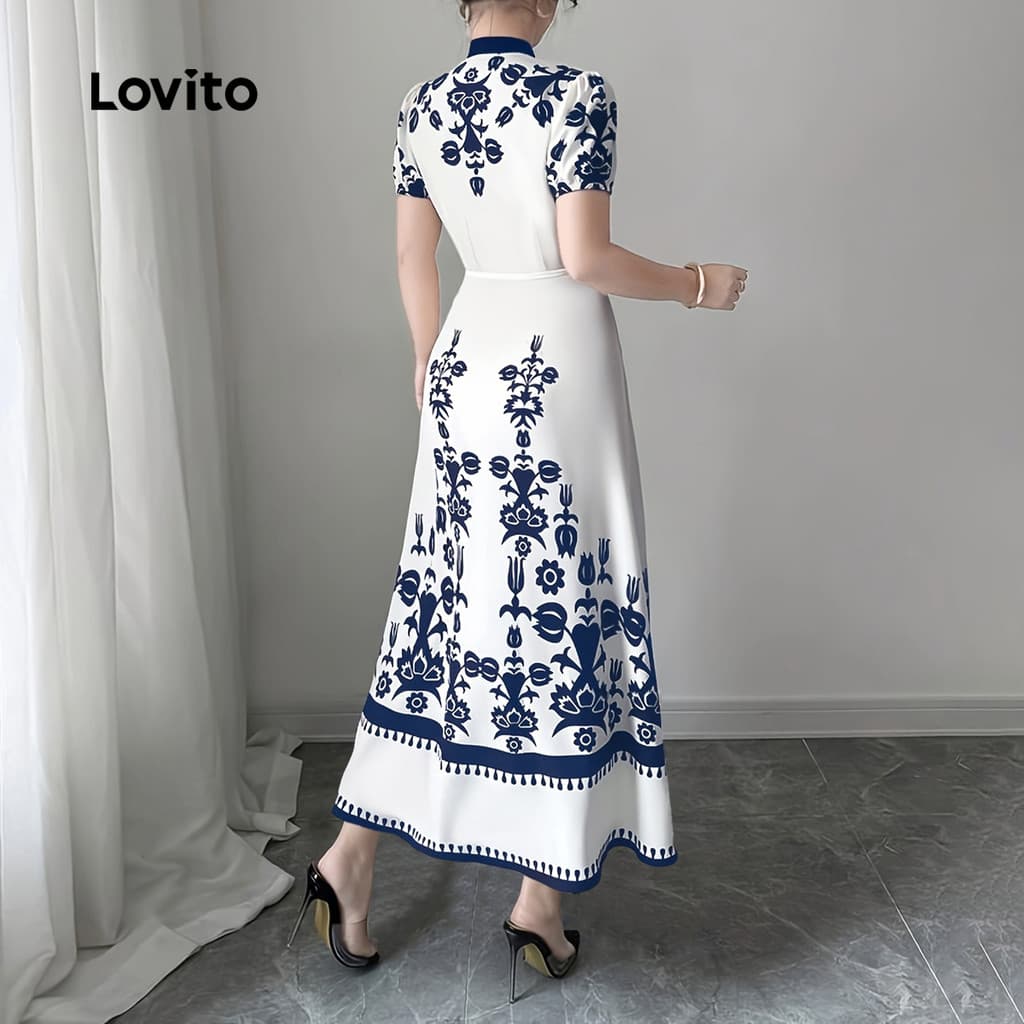 Lovito สง่างาม เดรสผู้หญิงสไตล์รีสอร์ทฤดูร้อนสีฟ้าขาว LK4LD325 รูปที่ 3