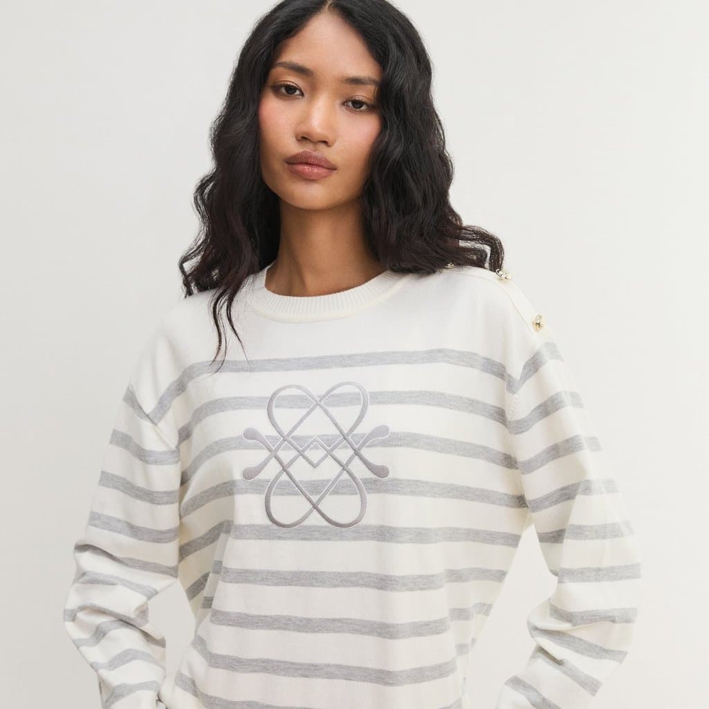 เสื้อไหมพรมลายทางติดกระดุมที่ไหล่ / Striped Button Shoulder Knit Top รูปที่ 6