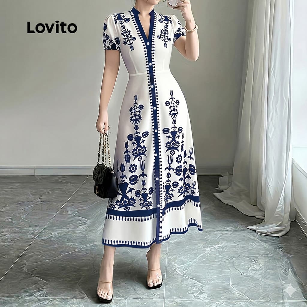 Lovito สง่างาม เดรสผู้หญิงสไตล์รีสอร์ทฤดูร้อนสีฟ้าขาว LK4LD325 รูปที่ 6