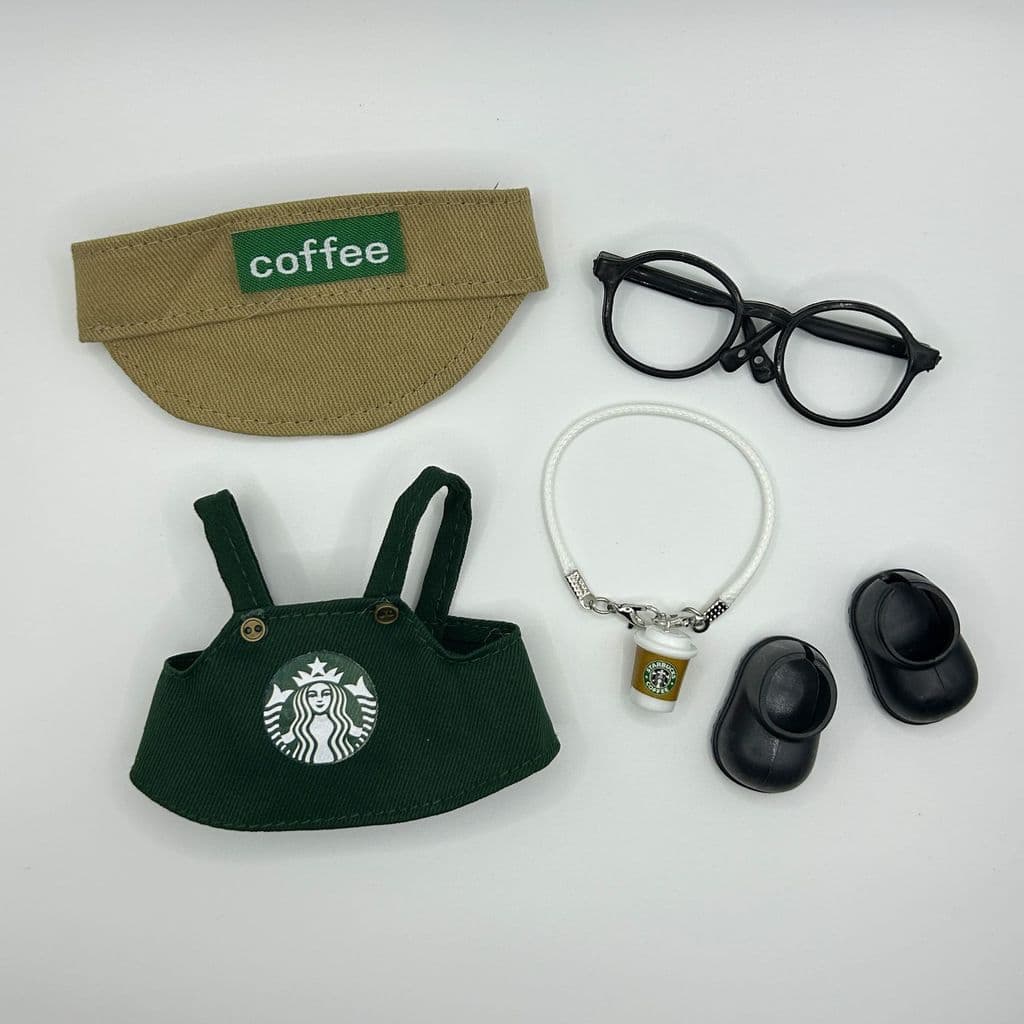 Labubu Starbucks เสื้อผ้าชุด 17 ซม.labubu ตุ๊กตาตุ๊กตาผ้ากันเปื้อนหมวก Overalls 10 ซม.เสื้อผ้าเด็ก รูปที่ 5