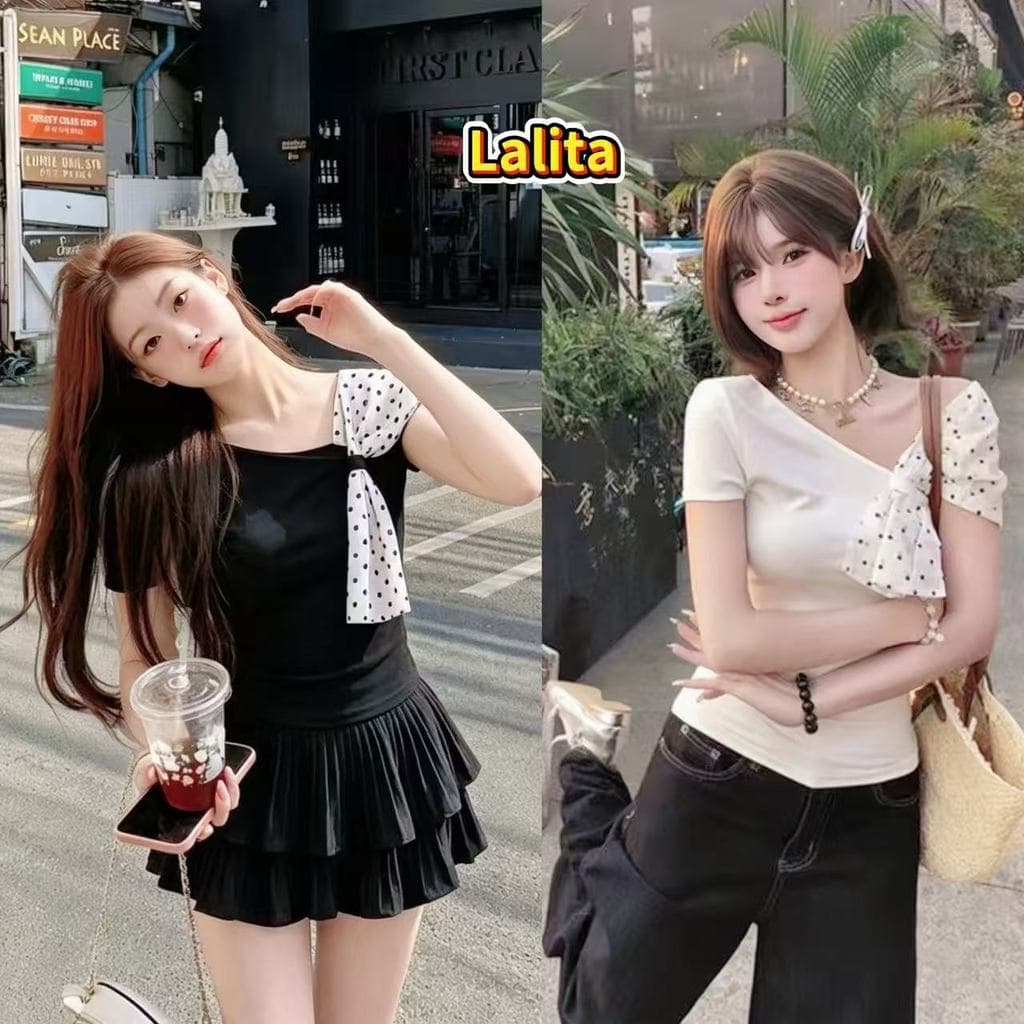 Lalita 2สี เสื้อยืดผู้หญิง ลายจุด ปาดไหล่ ไหล่เฉียง สไตล์เกาหลี รูปที่ 1