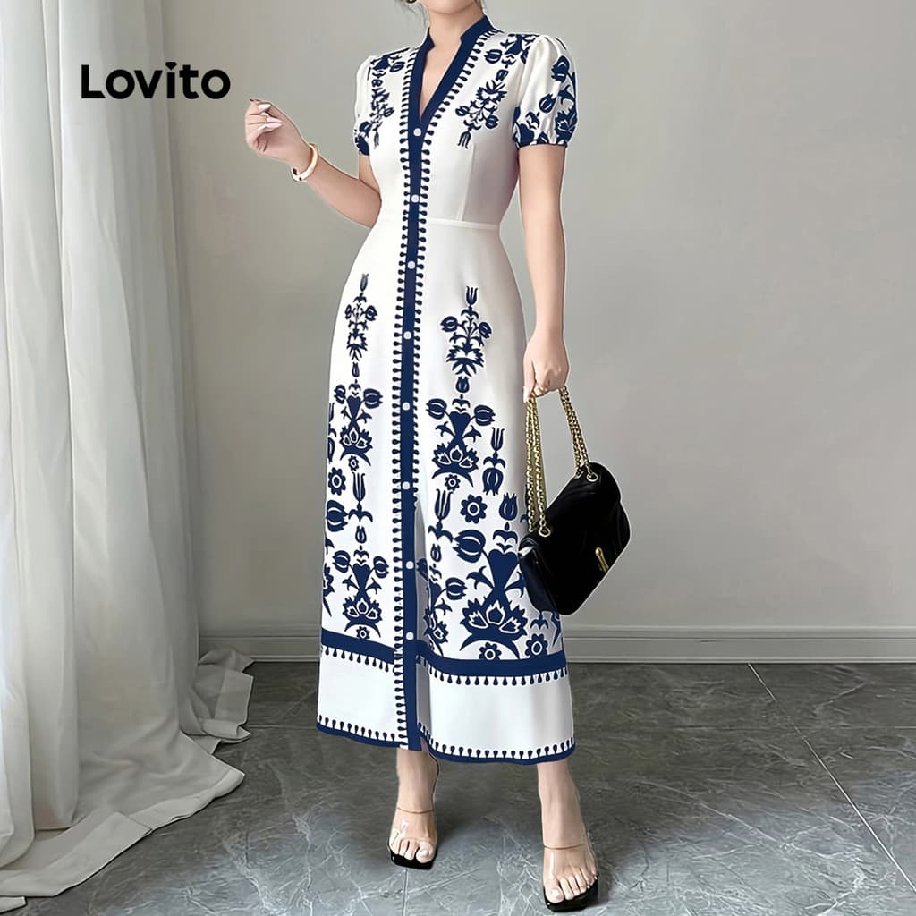 Lovito สง่างาม เดรสผู้หญิงสไตล์รีสอร์ทฤดูร้อนสีฟ้าขาว LK4LD325 รูปที่ 5