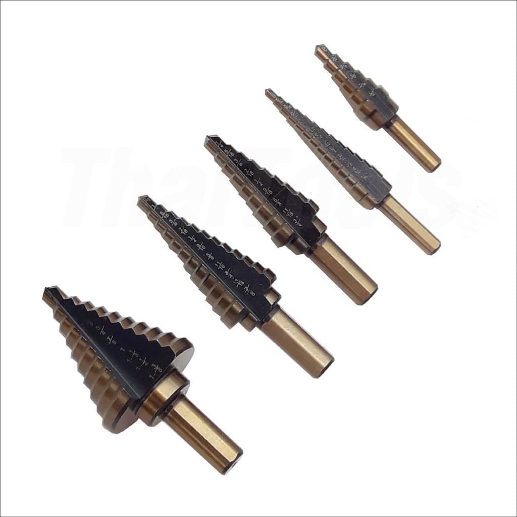 STEP DRILL SET 5 ดอกสว่านเจาะขยายรู ดอกสว่านทรงเจดีย์ ดอกเจาะคว้านรู ชุบไทเทเนียม อย่างดี 5 ขิ้น ล็อตสุดท้าย รูปที่ 3