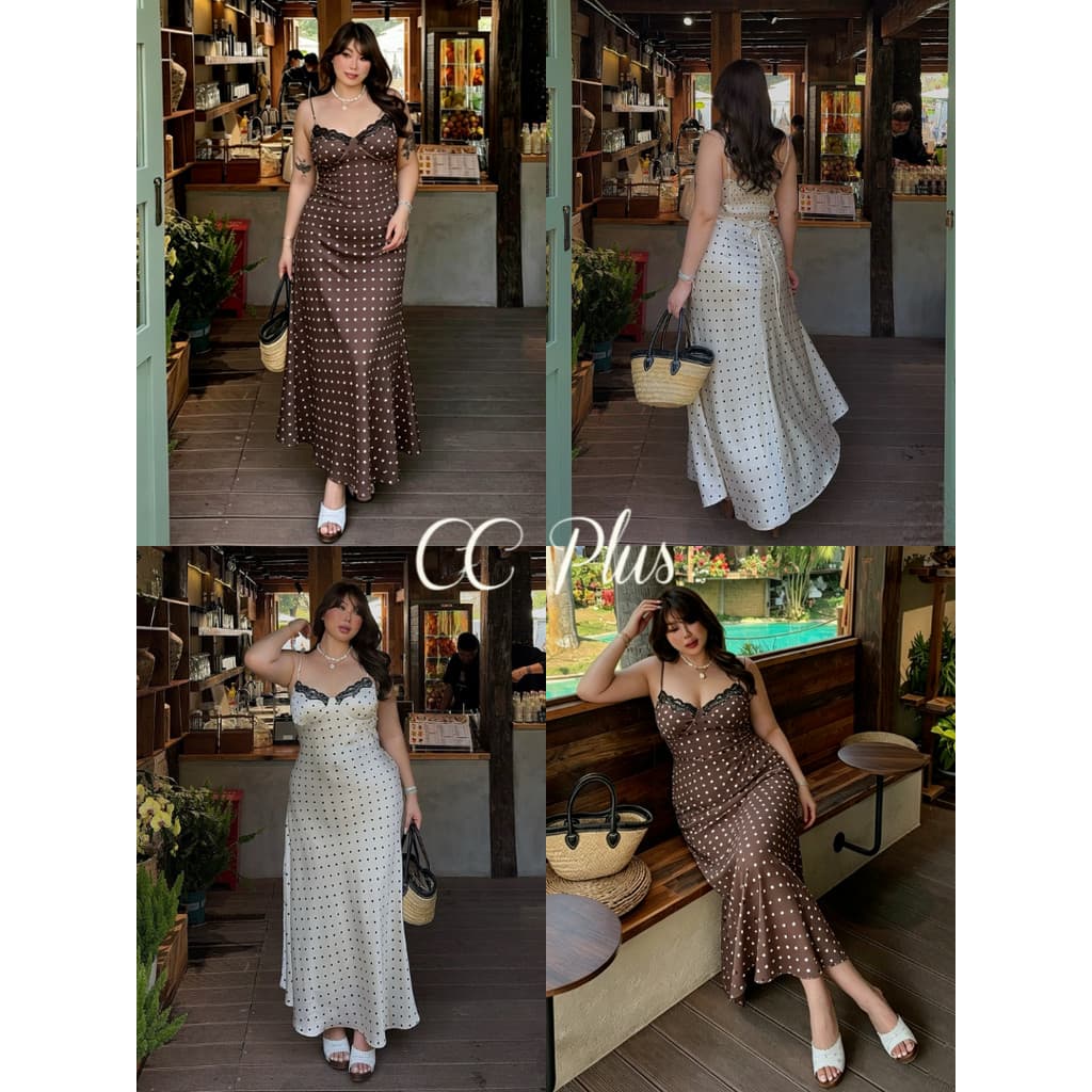 CiCi Plus+ เดรสยาวสายเดี่ยวPokadot แต่งลูกไม้ช่วงอก สายปรับได้และมีซิบข้าง ดีเทลผูกหลัง มีซับใน สไตล์สาวพลัสไซส์ รูปที่ 1