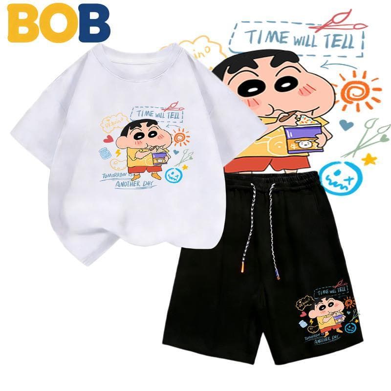 2ชิ้น ชุดแฟชั่นเด็ก ชินจัง Shinchan ลายการ์ตูน NASA เสื้อยืดแขนสั้น+กางเกงขาสั้น สำหรับเด็กอายุ 1-14ปี+（ รูปที่ 3