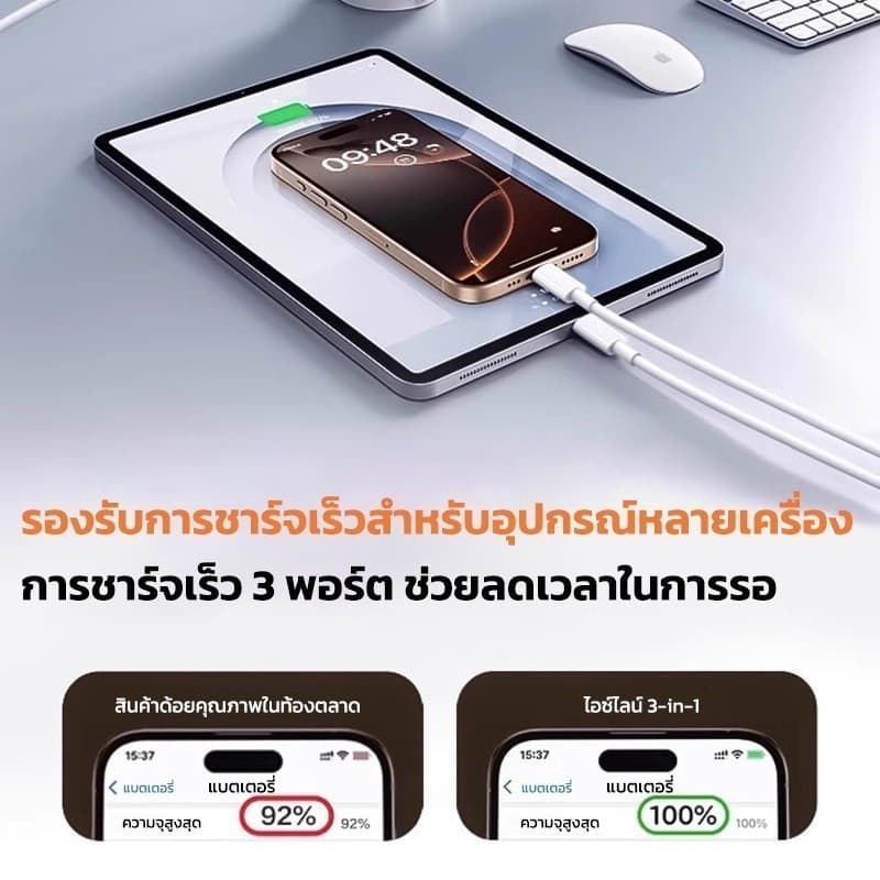 3in1 สายชาร์จ 3 หัว Fast Charger 120W ความยาว1.2 เมตร สำหรับ iOS + Micro + Type-C รูปที่ 2