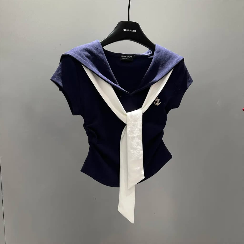 สไตล์เกาหลี Preppy สไตล์ปลอมสองชิ้นแขนสั้นเสื้อยืด 2026 ผู้หญิงออกแบบแฟชั่น Slim-Fit Slimmer ดู Niche ใหม่ รูปที่ 1