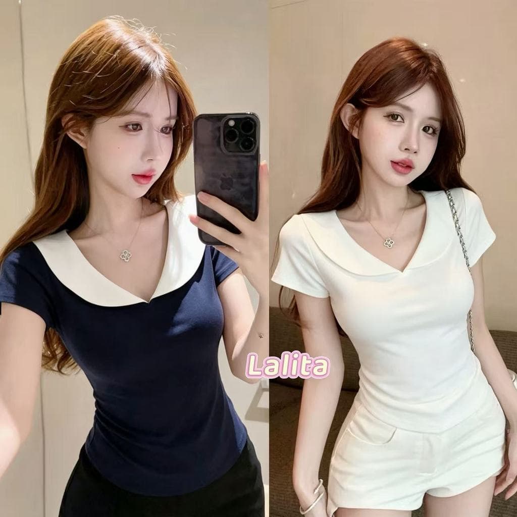 Lalita เสื้อยืดคอปก คอวี แขนสั้น ผู้หญิง น่ารักสไตล์เกาหลี ใส่สบาย 2สี รูปที่ 1