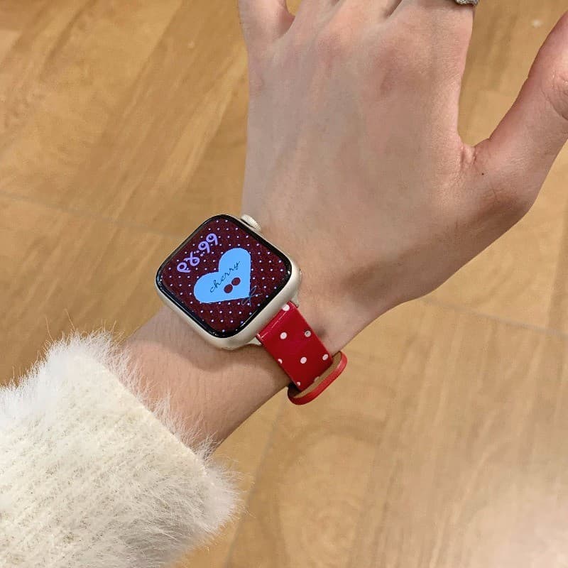 Polka Dot สายหนังสําหรับ Apple Watch 42/46/44/45/40/41/38/49 มม. เอวเล็ก รองรับ iWatch Series 11/10/9/8/7/SE/6/5/4/3/Ultra3/2 รูปที่ 9