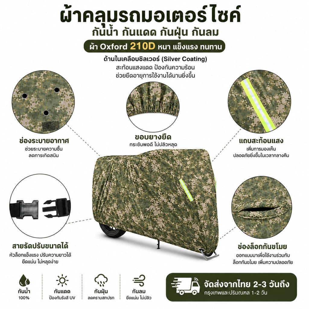 ผ้าคลุมมอเตอร์ไซค์ กันฝน 100% ผ้า Oxford 210D ลายพราง ระบายอากาศดี กัน UV มีแถบสะท้อนแสง รูปที่ 8