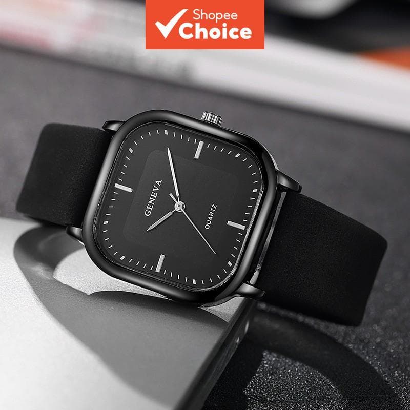 นาฬิกาข้อมือผู้ชาย Black Square Dial Quartz สําหรับผู้ชายพร้อม Leather Band Simple Business Style รูปที่ 1