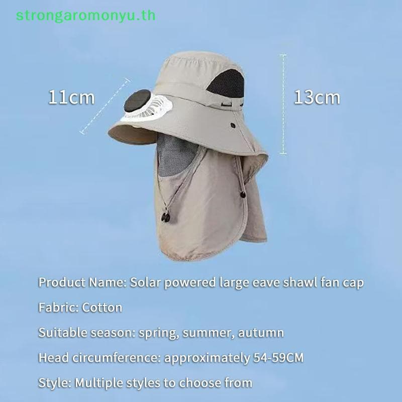 แข็งแกร่ง หมวกพัดลมพลังงานแสงอาทิตย์ป้องกันรังสียูวีสําหรับผู้ชายปีกกว้างหมวกกันแดดระบายความร้อนกลางแจ้งพร้อมผ้าคลุมไหล่แบบถอดได้ ไทย รูปที่ 4