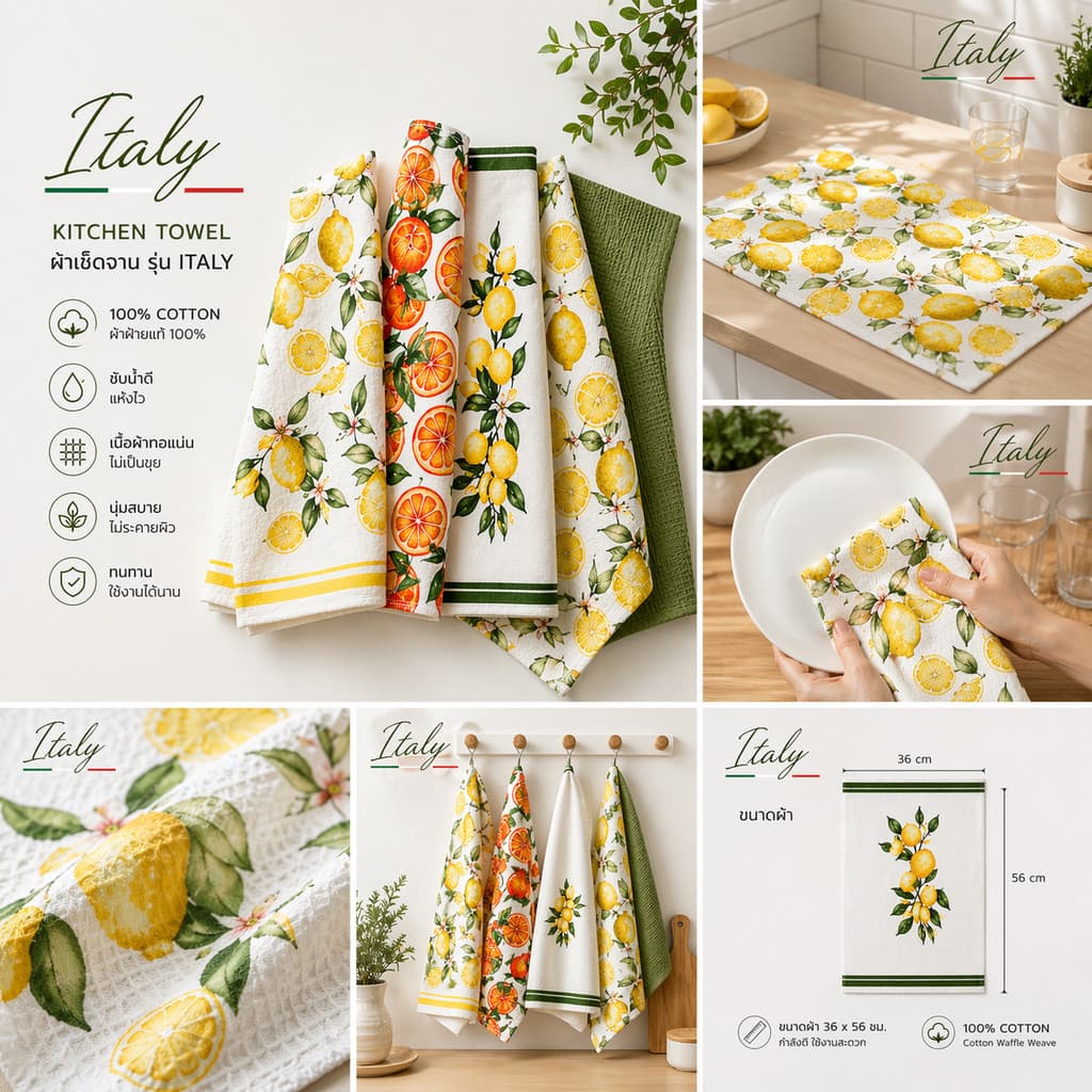 homemart ผ้าเช็ดจานไมโครไฟเบอร์ รุ่น Italy ลายเลมอน | ซับน้ำไว แห้งเร็ว ไม่เป็นขุย Kitchen Towel Italy series รูปที่ 2